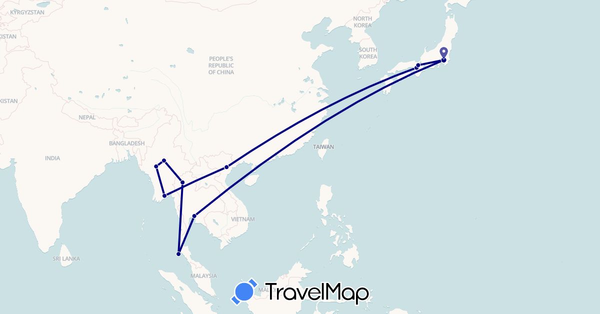 TravelMap itinerary: driving in Japan, Myanmar (Burma), Thailand, Vietnam (Asia)